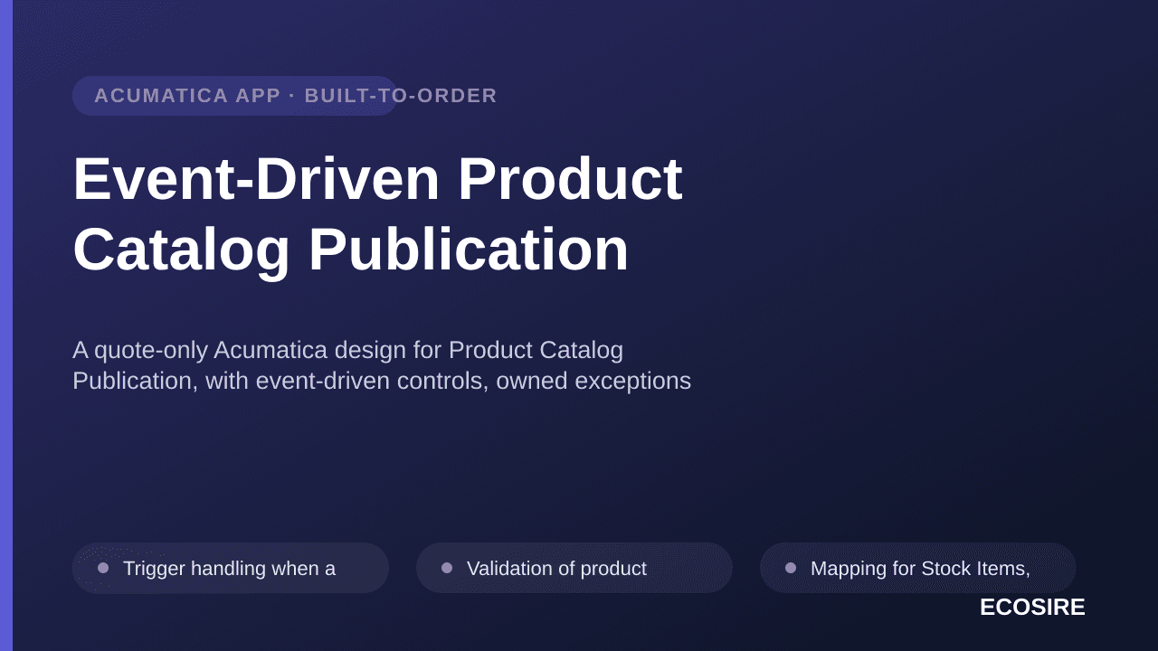 Event-Driven Product Catalog Publication — A quote-only Acumatica design for Product Catalog Publication, with event-driven c — 1/3