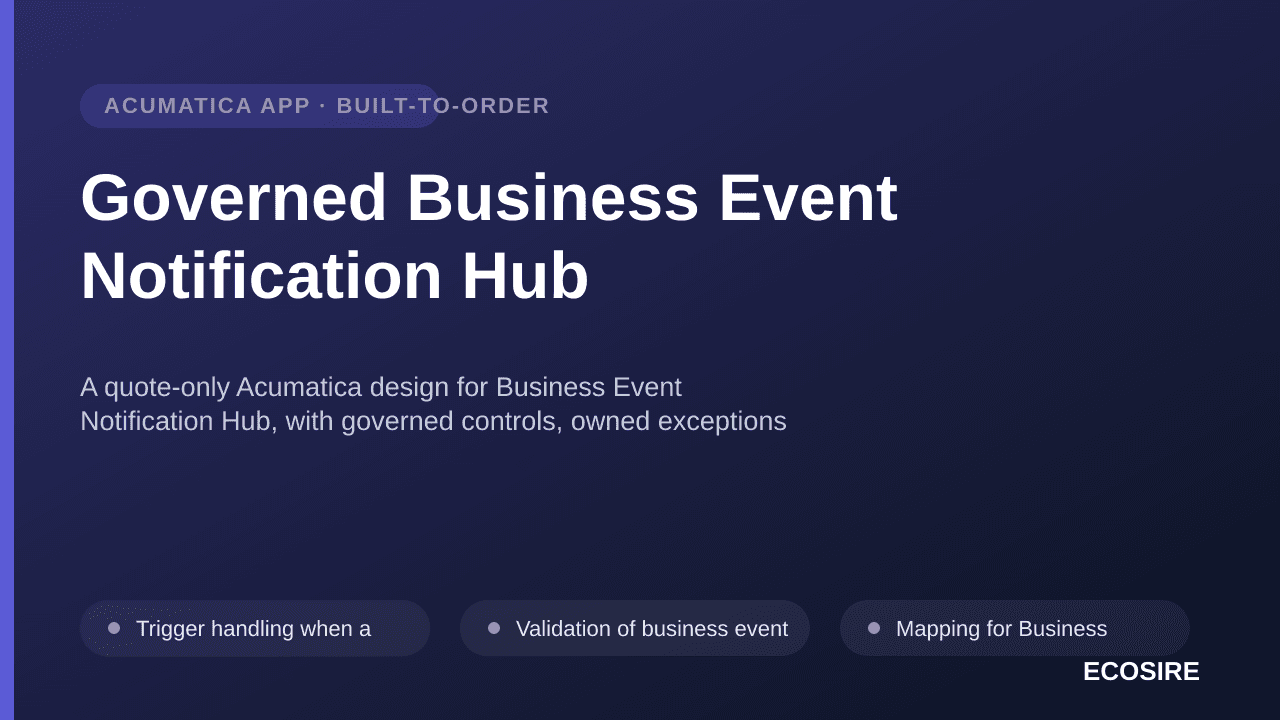 Governed Business Event Notification Hub — A quote-only Acumatica design for Business Event Notification Hub, with governed c — 1/3