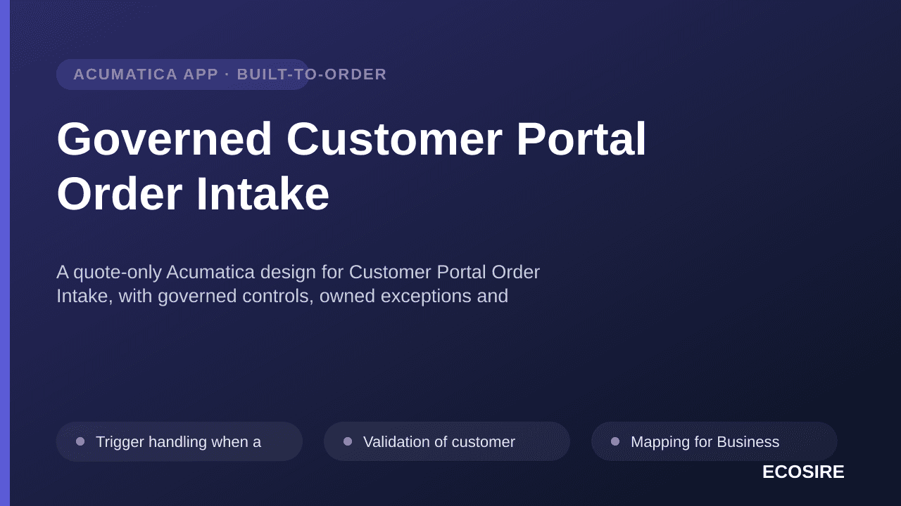 Governed Customer Portal Order Intake — A quote-only Acumatica design for Customer Portal Order Intake, with governed control — 1/3
