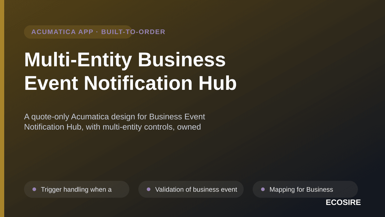 Multi-Entity Business Event Notification Hub — A quote-only Acumatica design for Business Event Notification Hub, with multi- — 1/3