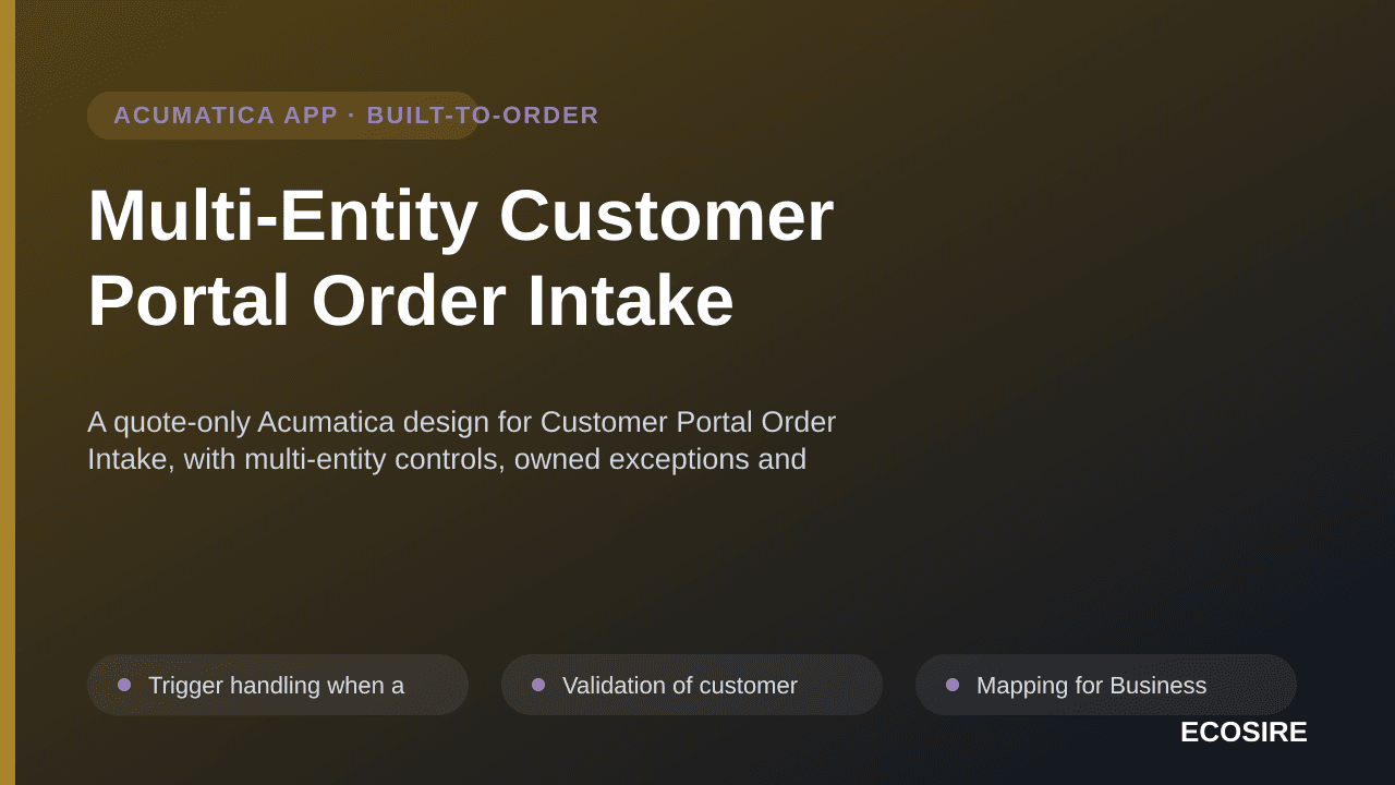 Multi-Entity Customer Portal Order Intake — A quote-only Acumatica design for Customer Portal Order Intake, with multi-entity — 1/3