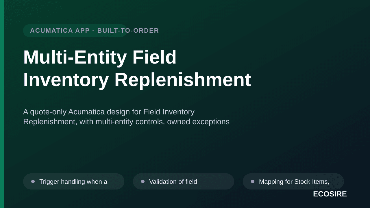 Multi-Entity Field Inventory Replenishment — A quote-only Acumatica design for Field Inventory Replenishment, with multi-enti — 1/3