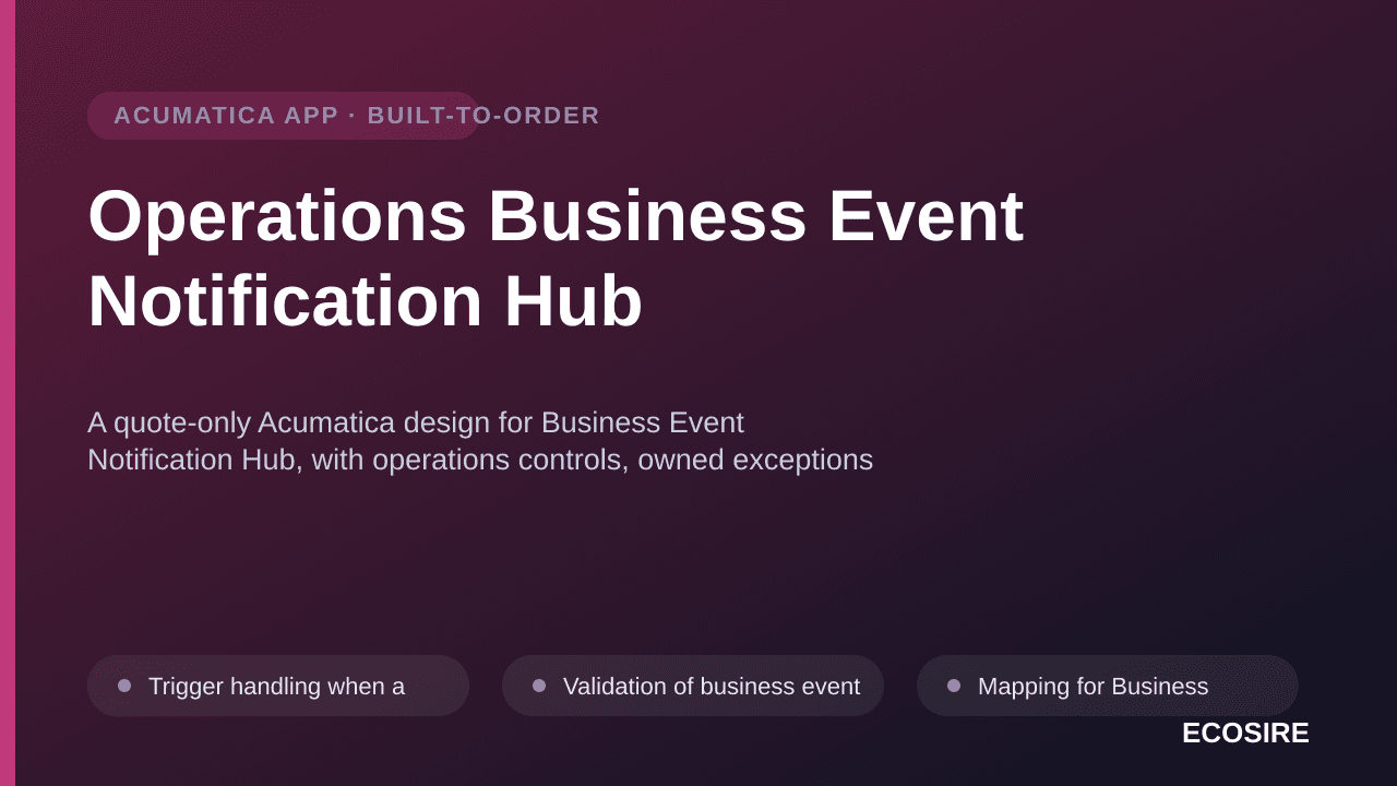 Operations Business Event Notification Hub — A quote-only Acumatica design for Business Event Notification Hub, with operatio — 1/3