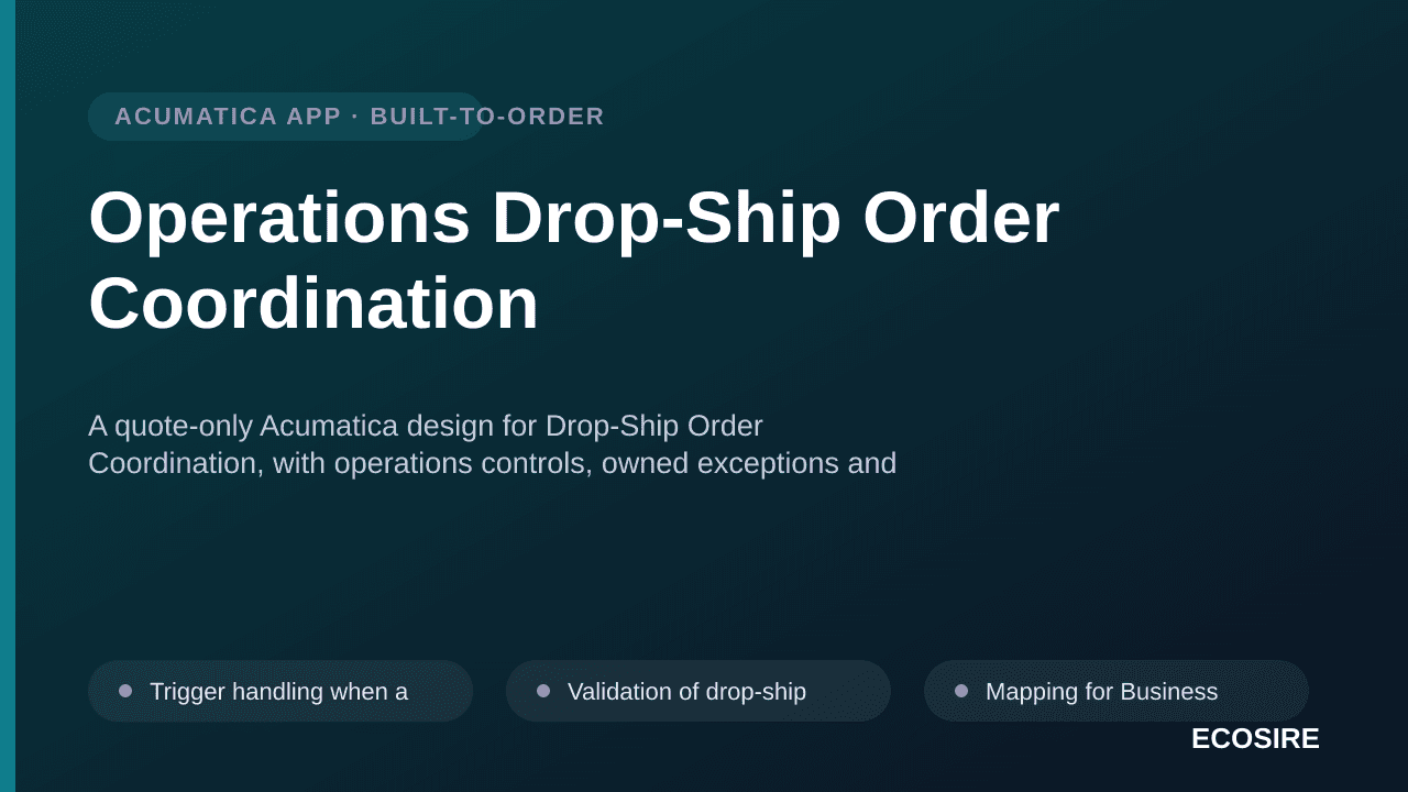 Operations Drop-Ship Order Coordination — A quote-only Acumatica design for Drop-Ship Order Coordination, with operations con — 1/3