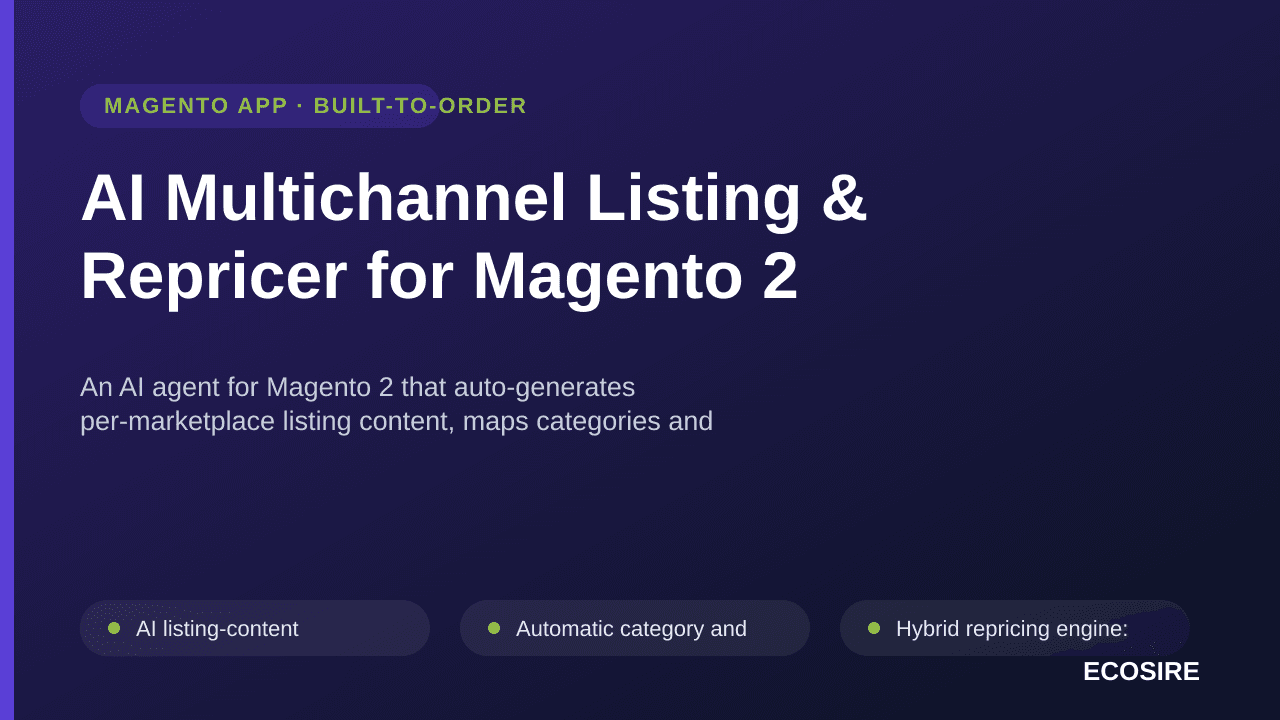 AI Multichannel Listing & Repricer for Magento 2 — An AI agent for Magento 2 that auto-generates per-marketplace listing cont — Image 1 of 3