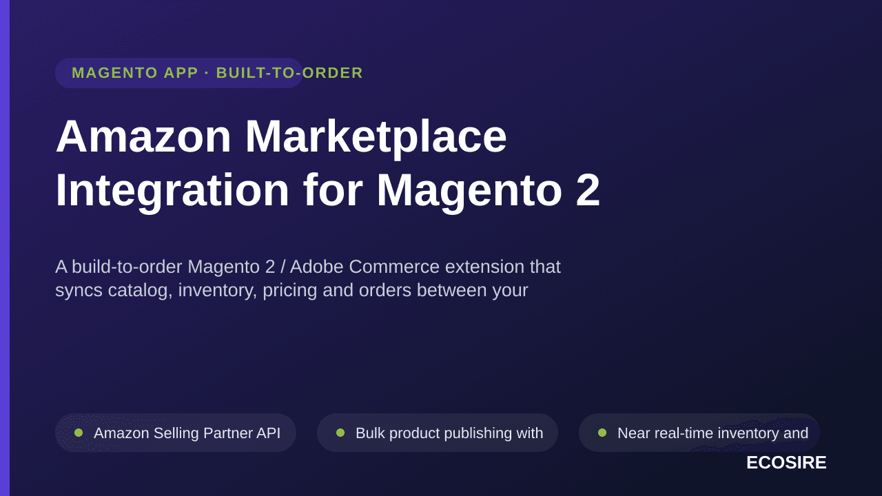 Amazon Marketplace Integration for Magento 2 — A build-to-order Magento 2 / Adobe Commerce extension that syncs catalog, inve — Image 1 of 3