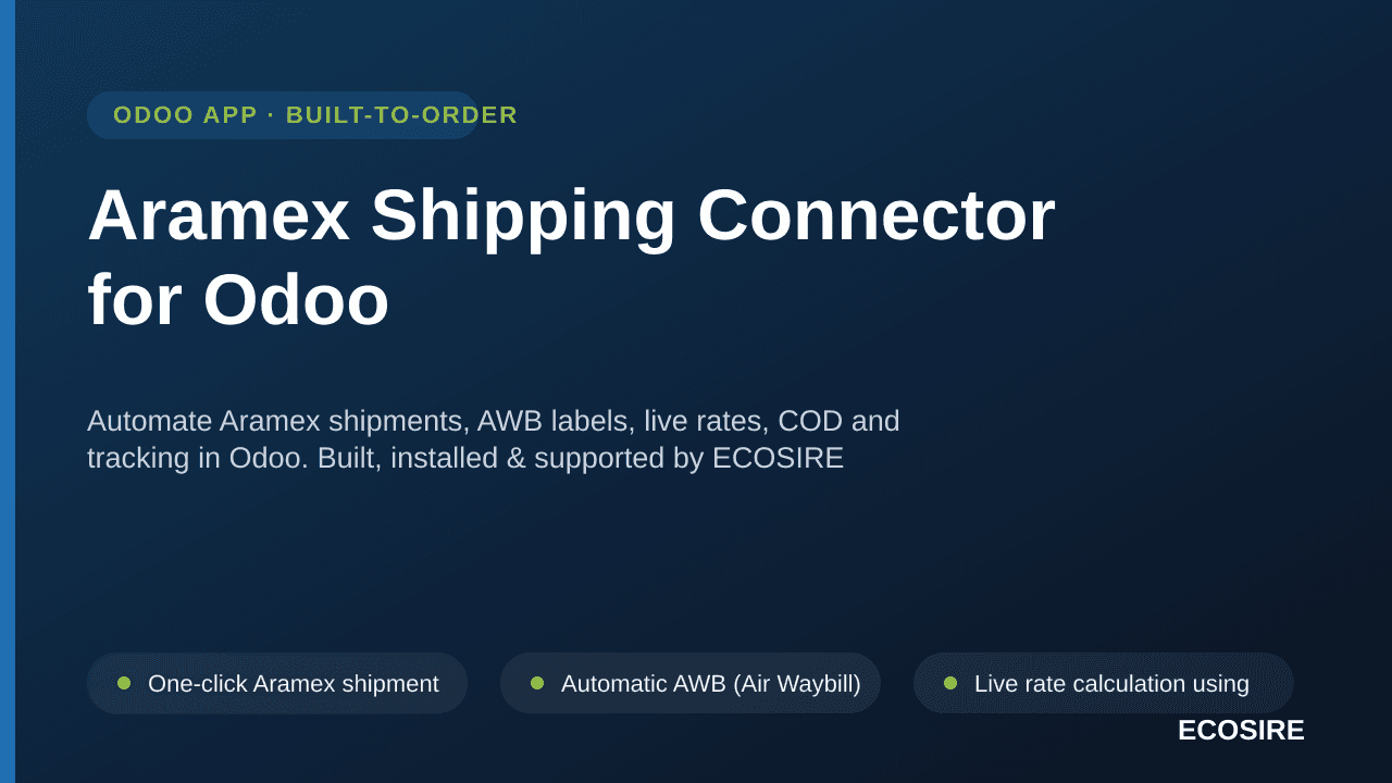 Aramex Shipping Connector for Odoo — Automate Aramex shipments, AWB labels, live rates, COD and tracking in Odoo — Image 1 of 3