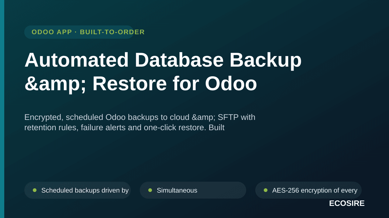 Automated Database Backup &amp; Restore for Odoo — Encrypted, scheduled Odoo backups to cloud &amp; SFTP with retention rules — Image 1 of 3