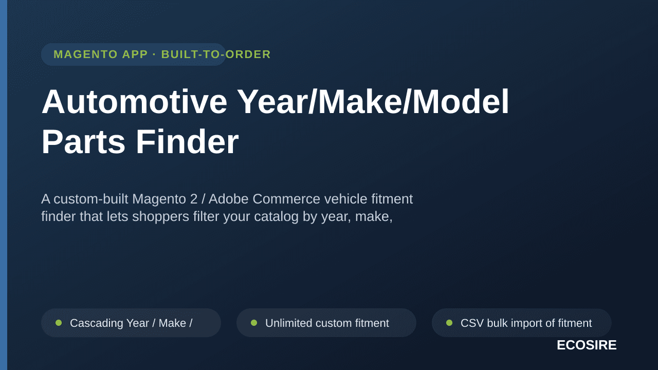 Automotive Year/Make/Model Parts Finder — A custom-built Magento 2 / Adobe Commerce vehicle fitment finder that lets shoppers — Image 1 of 3