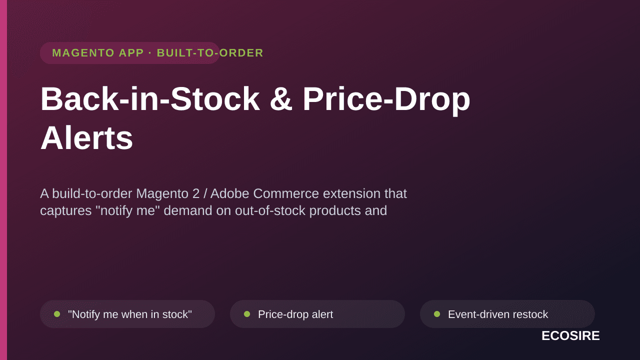 Back-in-Stock & Price-Drop Alerts — A build-to-order Magento 2 / Adobe Commerce extension that captures "notify me" demand on — Image 1 of 3