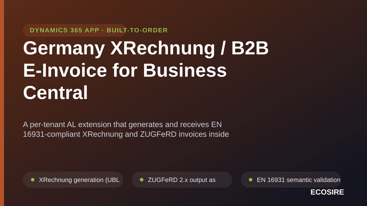 Germany XRechnung / B2B E-Invoice for Business Central — A per-tenant AL extension that generates and receives EN 16931-compl — Image 1 of 3