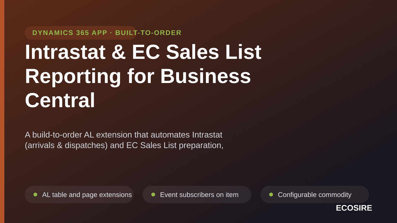 Intrastat & EC Sales List Reporting for Business Central — A build-to-order AL extension that automates Intrastat (arrivals & — Image 1 of 3