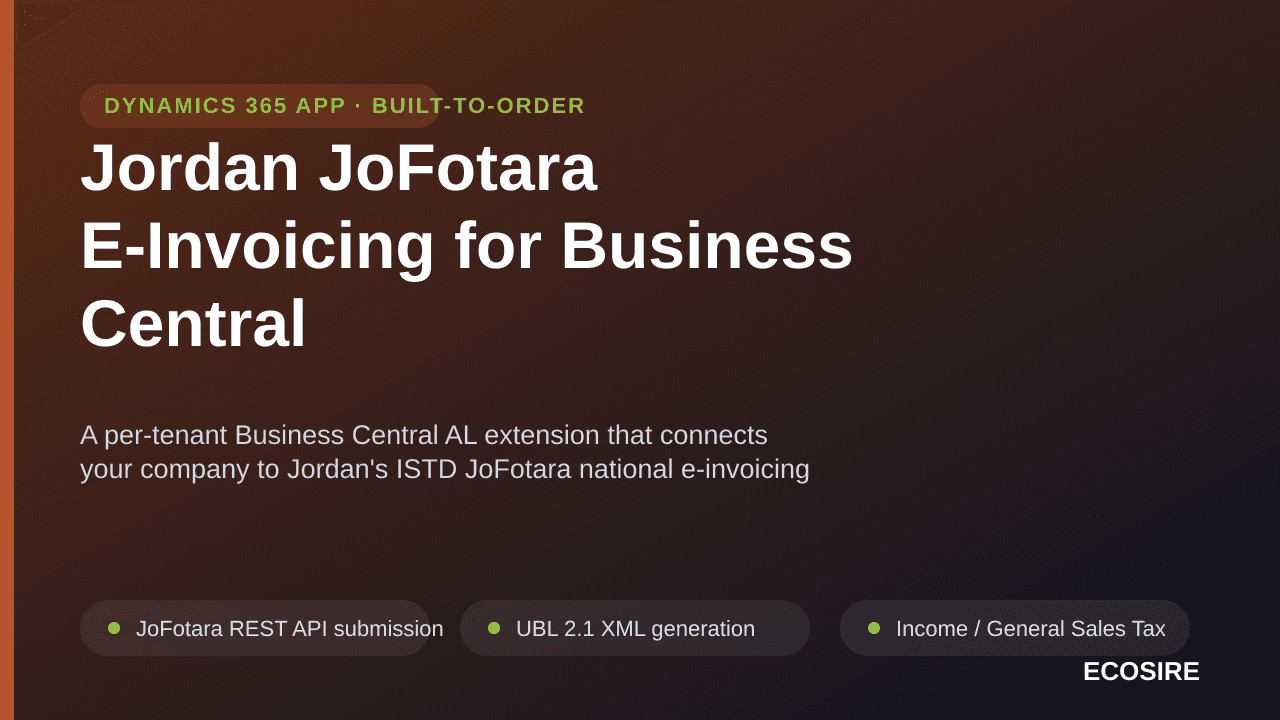 Jordan JoFotara E-Invoicing for Business Central — A per-tenant Business Central AL extension that connects your company to J — Image 1 of 3