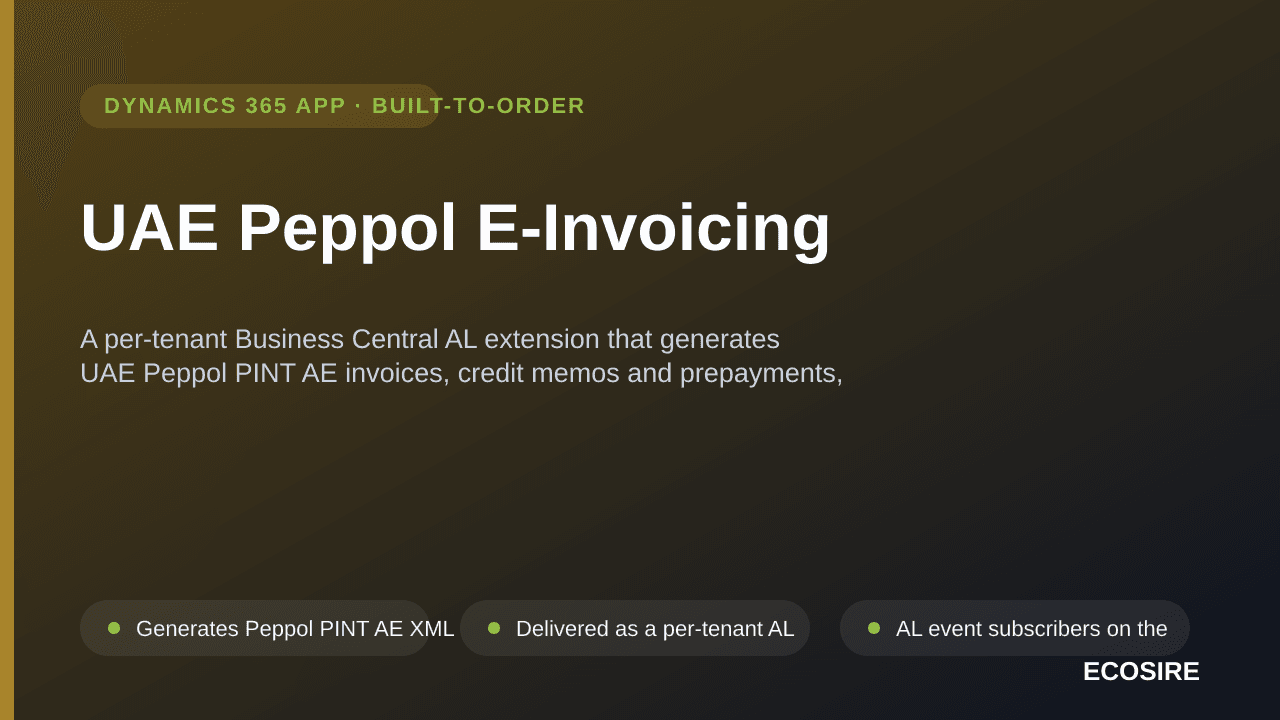 UAE Peppol E-Invoicing — A per-tenant Business Central AL extension that generates UAE Peppol PINT AE invoices, credit memos  — Image 1 of 3