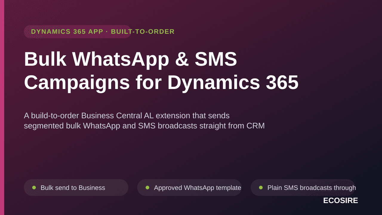 Bulk WhatsApp & SMS Campaigns for Dynamics 365 — A build-to-order Business Central AL extension that sends segmented bulk Wha — Image 1 of 3