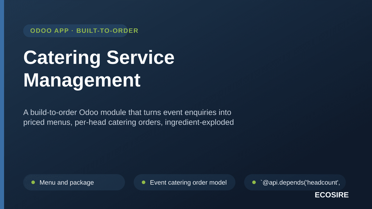 Catering Service Management — A build-to-order Odoo module that turns event enquiries into priced menus, per-head catering or — Image 1 of 3