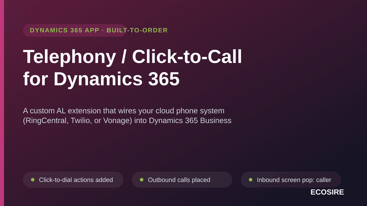 Telephony / Click-to-Call for Dynamics 365 — A custom AL extension that wires your cloud phone system (RingCentral, Twilio, o — Image 1 of 3