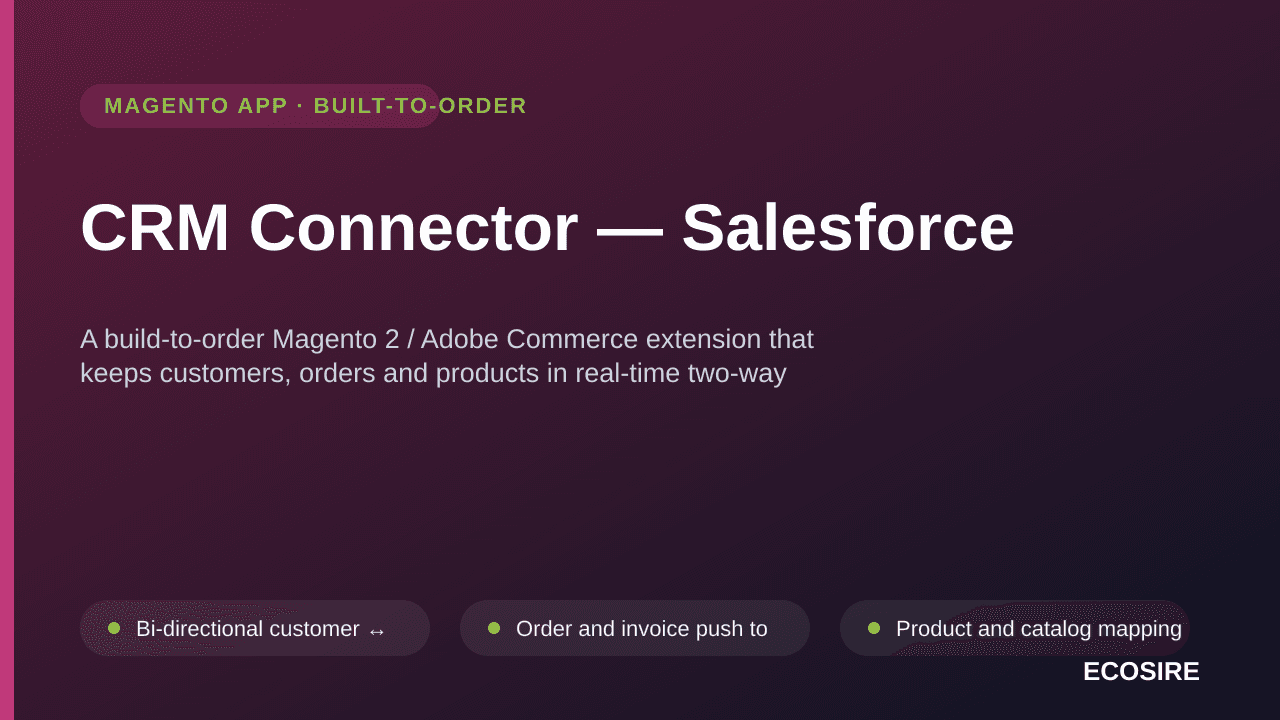 CRM Connector — Salesforce — A build-to-order Magento 2 / Adobe Commerce extension that keeps customers, orders and products  — Image 1 of 3