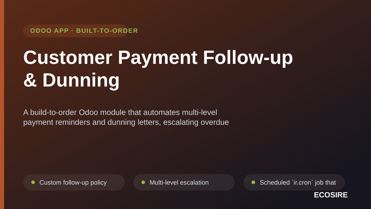 Customer Payment Follow-up & Dunning — A build-to-order Odoo module that automates multi-level payment reminders and dunning  — Image 1 of 3