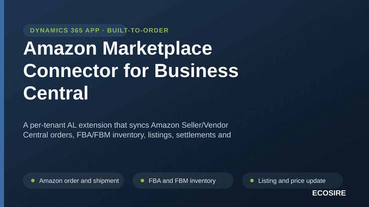 Amazon Marketplace Connector for Business Central — A per-tenant AL extension that syncs Amazon Seller/Vendor Central orders, — Image 1 of 3