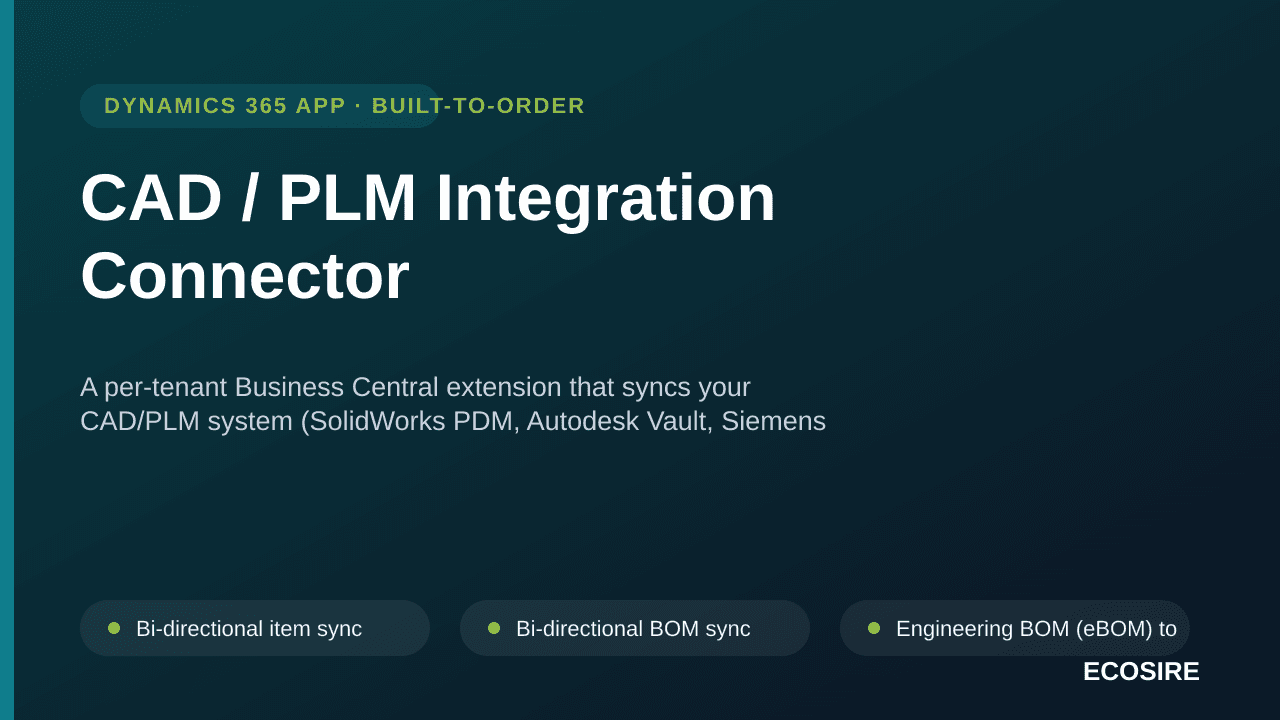 CAD / PLM Integration Connector — A per-tenant Business Central extension that syncs your CAD/PLM system (SolidWorks PDM, Aut — Image 1 of 3