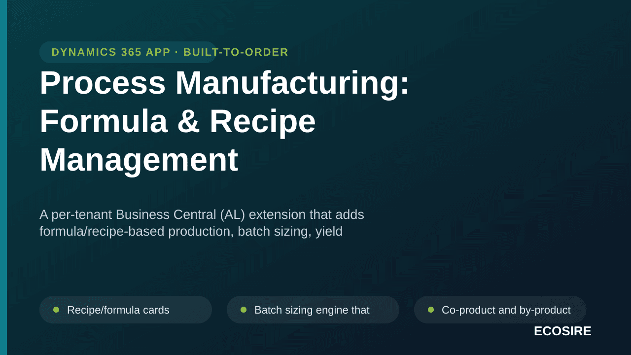 Process Manufacturing: Formula & Recipe Management — A per-tenant Business Central (AL) extension that adds formula/recipe-ba — Image 1 of 3