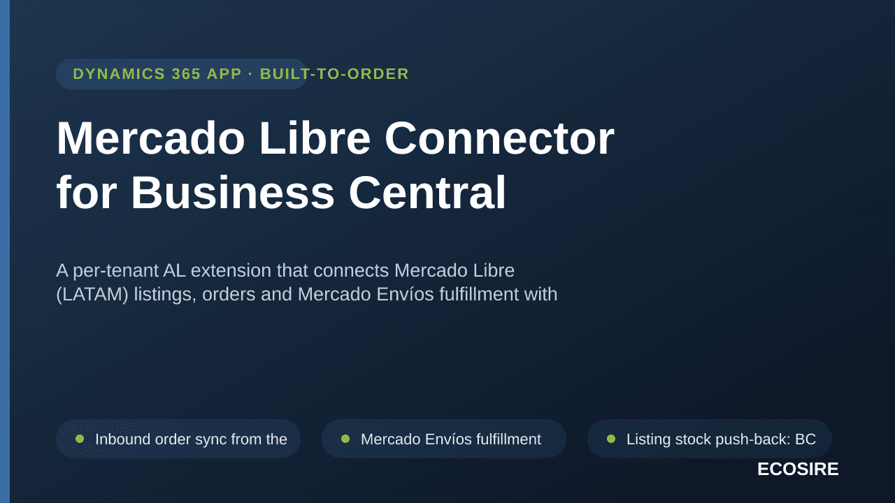 Mercado Libre Connector for Business Central — A per-tenant AL extension that connects Mercado Libre (LATAM) listings, orders — Image 1 of 3