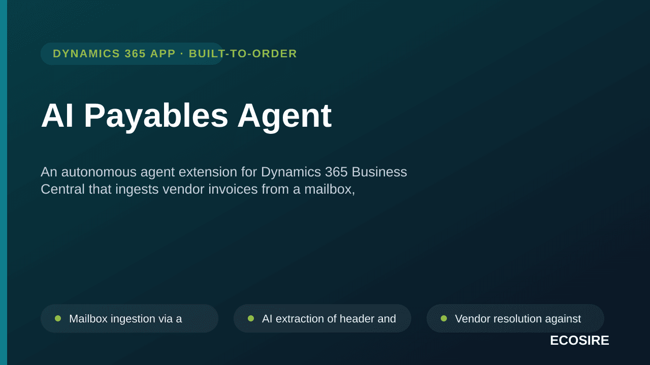 AI Payables Agent — An autonomous agent extension for Dynamics 365 Business Central that ingests vendor invoices from a mailb — Image 1 of 3
