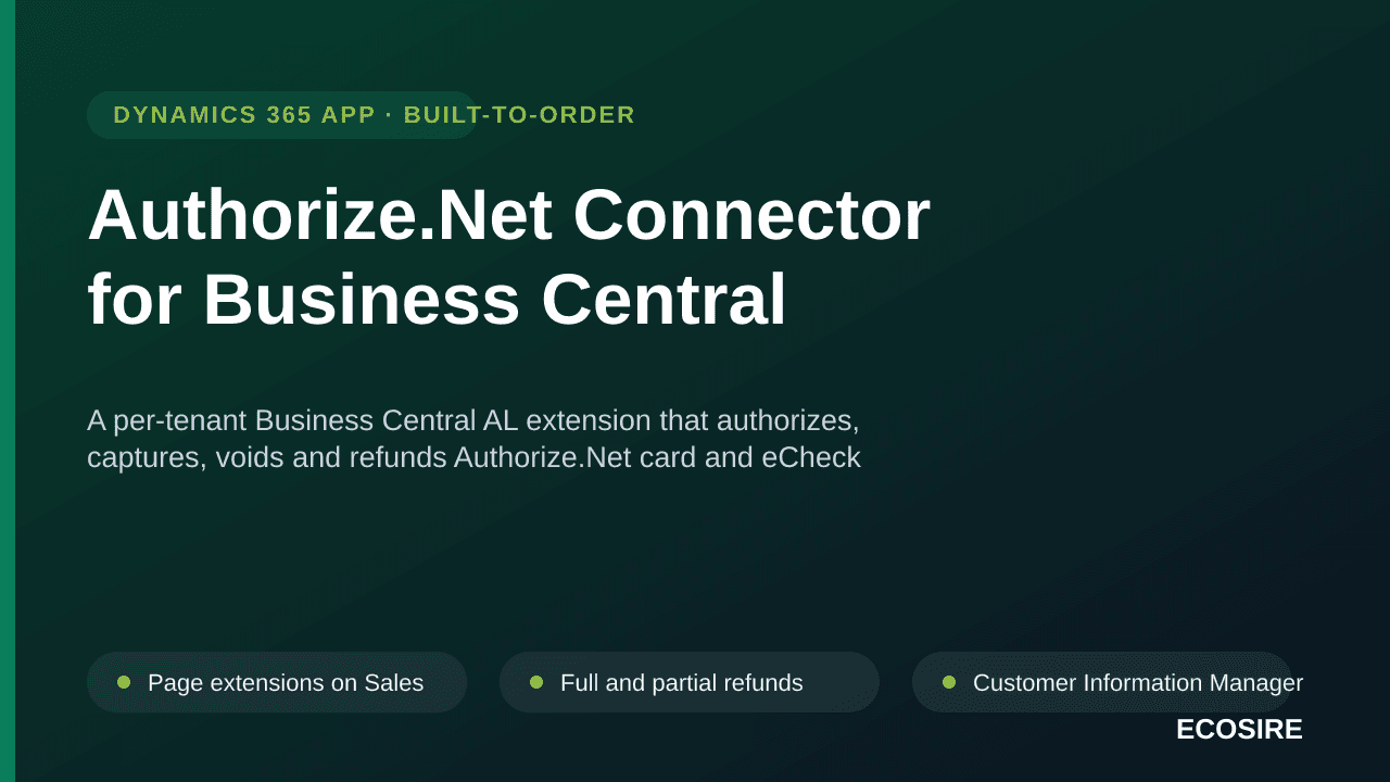 Authorize.Net Connector for Business Central — A per-tenant Business Central AL extension that authorizes, captures, voids an — Image 1 of 3