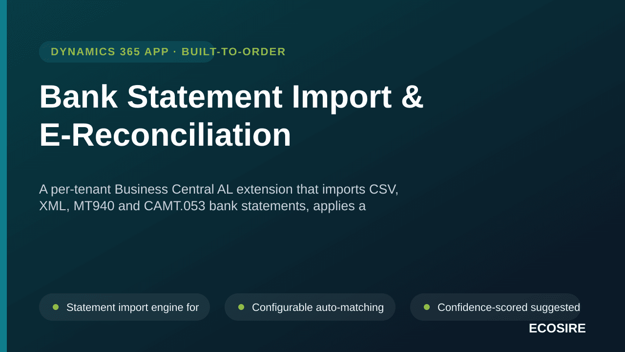 Bank Statement Import & E-Reconciliation — A per-tenant Business Central AL extension that imports CSV, XML, MT940 and CAMT — Image 1 of 3