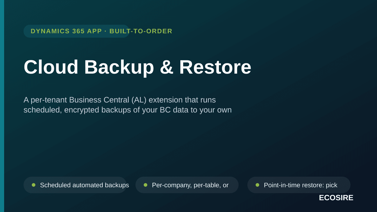 Cloud Backup & Restore — A per-tenant Business Central (AL) extension that runs scheduled, encrypted backups of your BC data  — Image 1 of 3