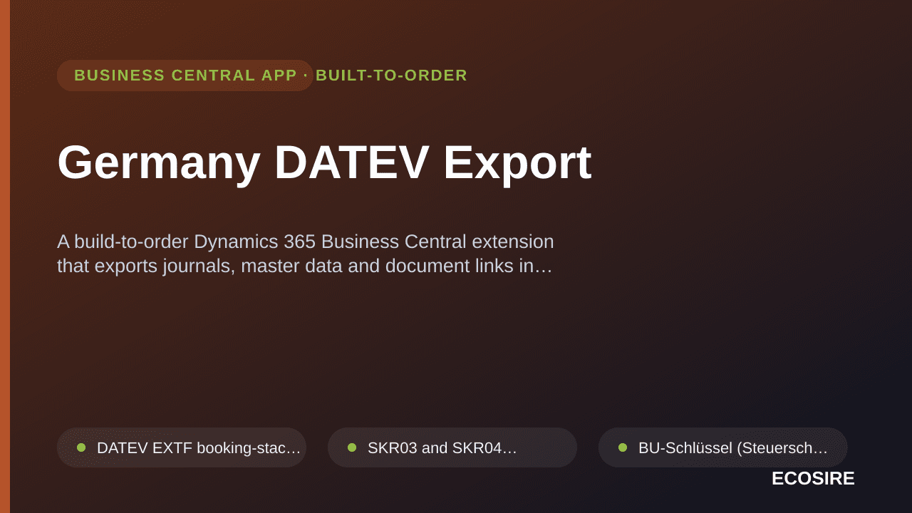 Germany DATEV Export — A build-to-order Dynamics 365 Business Central extension that exports journals, master data and docume — 1/1