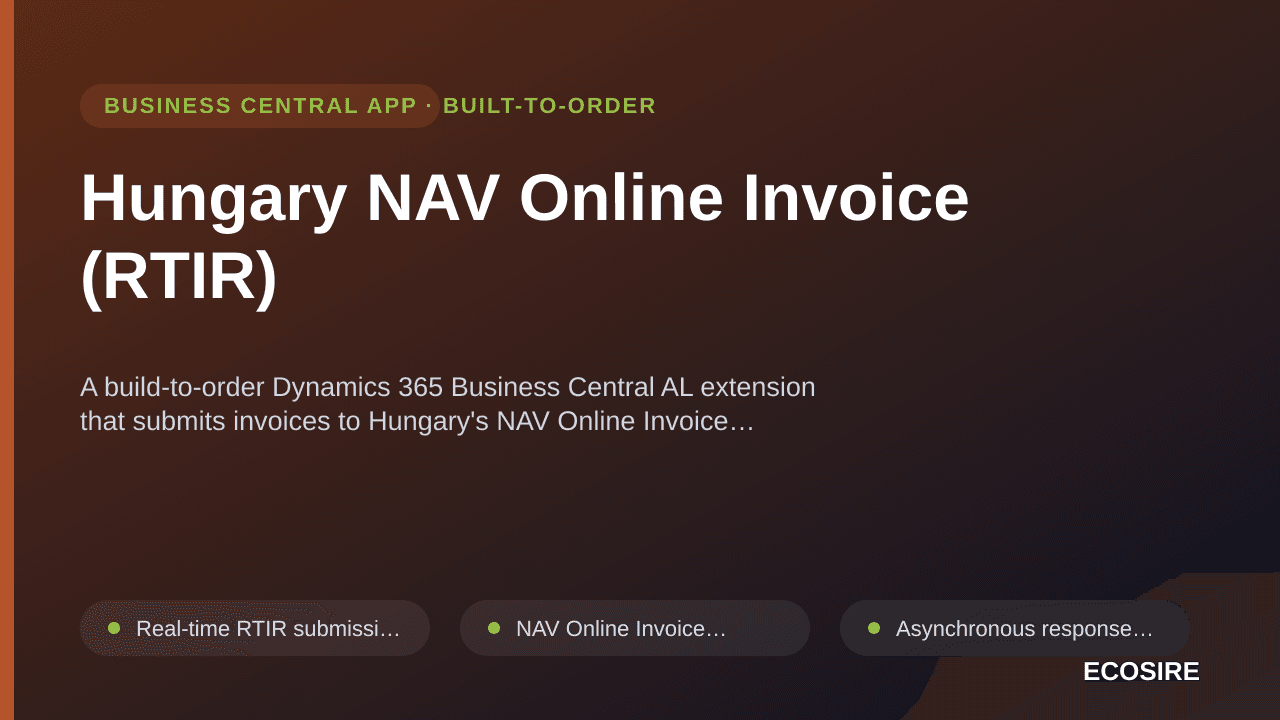 Hungary NAV Online Invoice (RTIR) — A build-to-order Dynamics 365 Business Central AL extension that submits invoices to Hung — 1/1