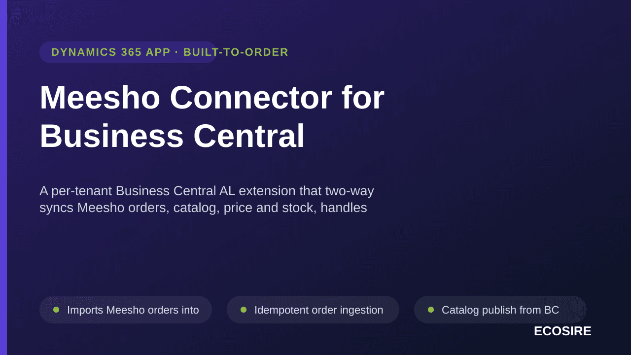 Meesho Connector for Business Central — A per-tenant Business Central AL extension that two-way syncs Meesho orders, catalog, — Image 1 of 3