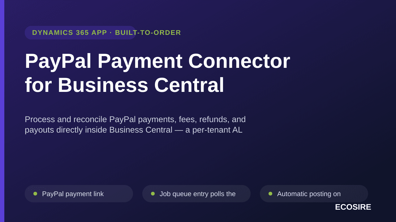 PayPal Payment Connector for Business Central — Process and reconcile PayPal payments, fees, refunds, and payouts directly in — Image 1 of 3