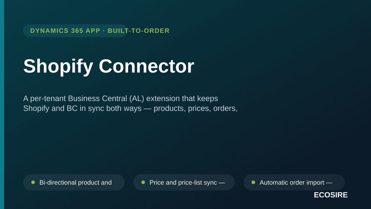 Shopify Connector — A per-tenant Business Central (AL) extension that keeps Shopify and BC in sync both ways — products, pric — Image 1 of 3