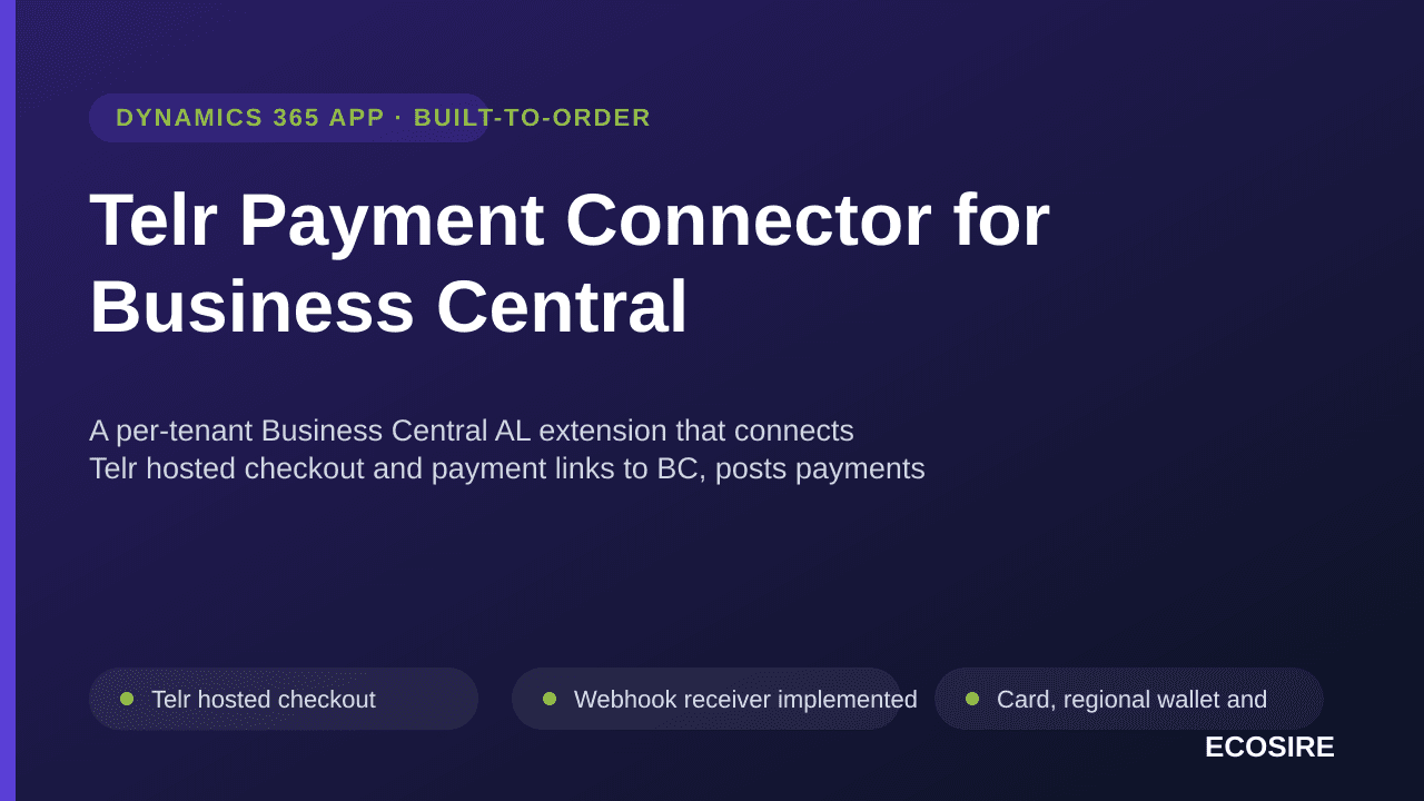 Telr Payment Connector for Business Central — A per-tenant Business Central AL extension that connects Telr hosted checkout a — Image 1 of 3