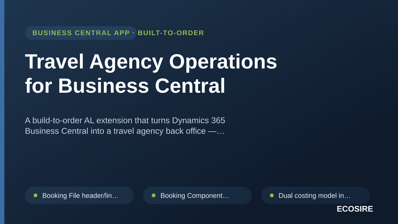 Travel Agency Operations for Business Central — A build-to-order AL extension that turns Dynamics 365 Business Central into a — 1/1