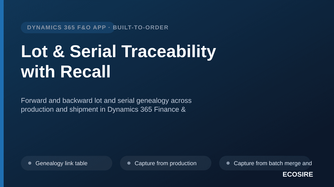 Lot & Serial Traceability with Recall — Forward and backward lot and serial genealogy across production and shipment in Dynamics 365 Finance & Operations, with a recall workbench for rapid customer identification