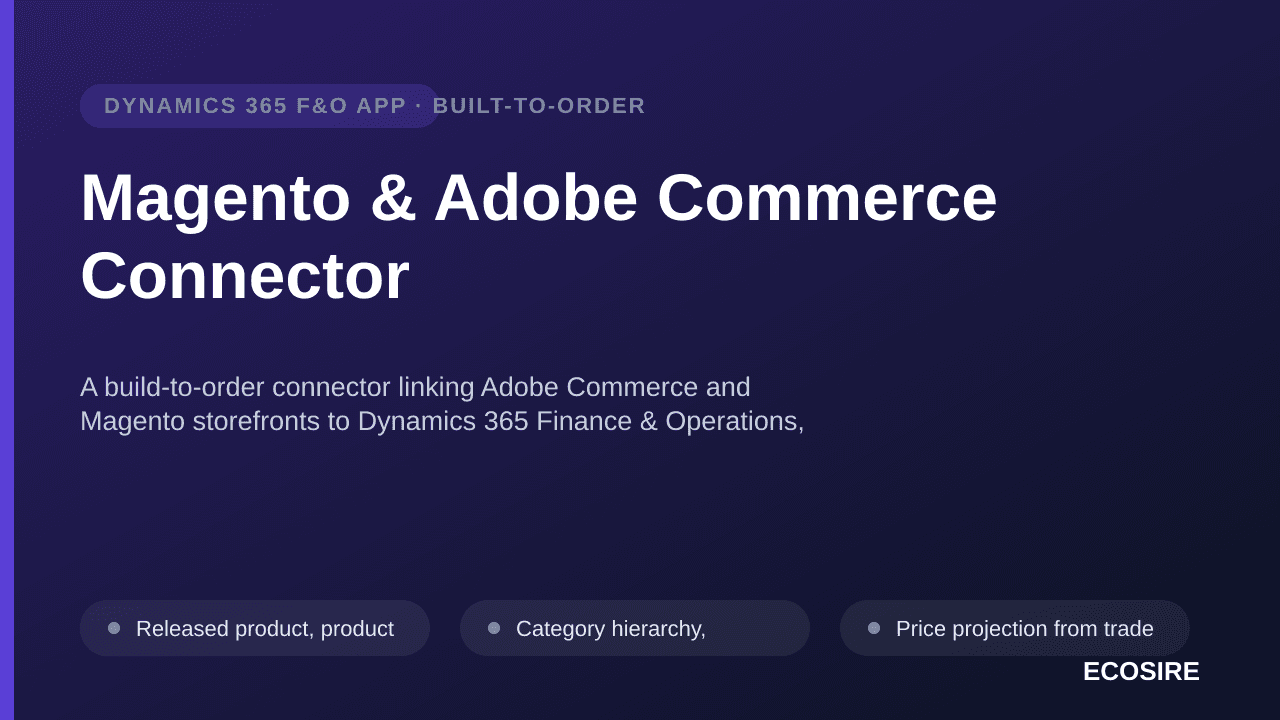 Magento & Adobe Commerce Connector — A build-to-order connector linking Adobe Commerce and Magento storefronts to Dynamics 365 Finance & Operations, including B2B pricing, credit and order flows