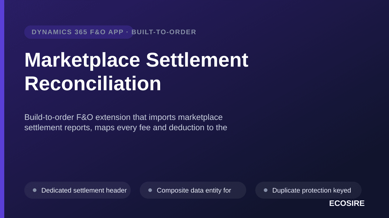 Marketplace Settlement Reconciliation — Build-to-order F&O extension that imports marketplace settlement reports, maps every fee and deduction to the ledger, settles customer invoices and clears the payout on your bank reconciliation
