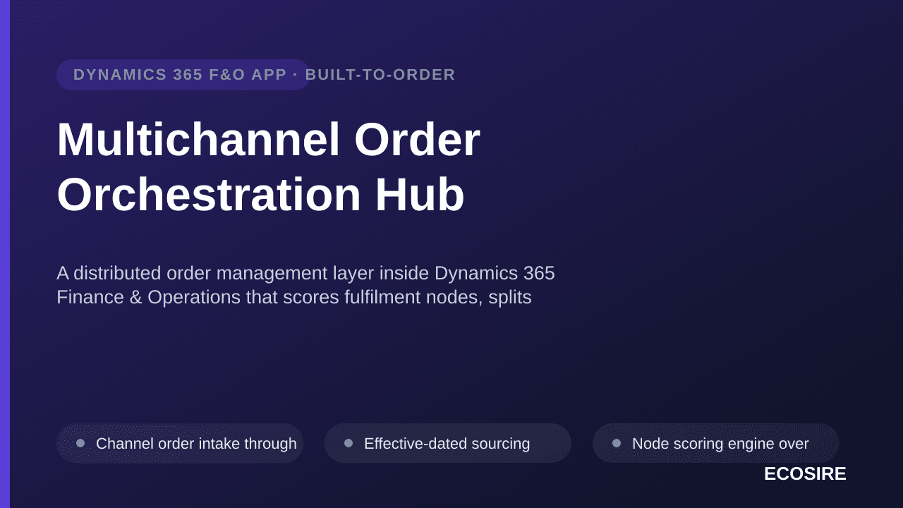 Multichannel Order Orchestration Hub — A distributed order management layer inside Dynamics 365 Finance & Operations that scores fulfilment nodes, splits shipments and normalises returns across every channel