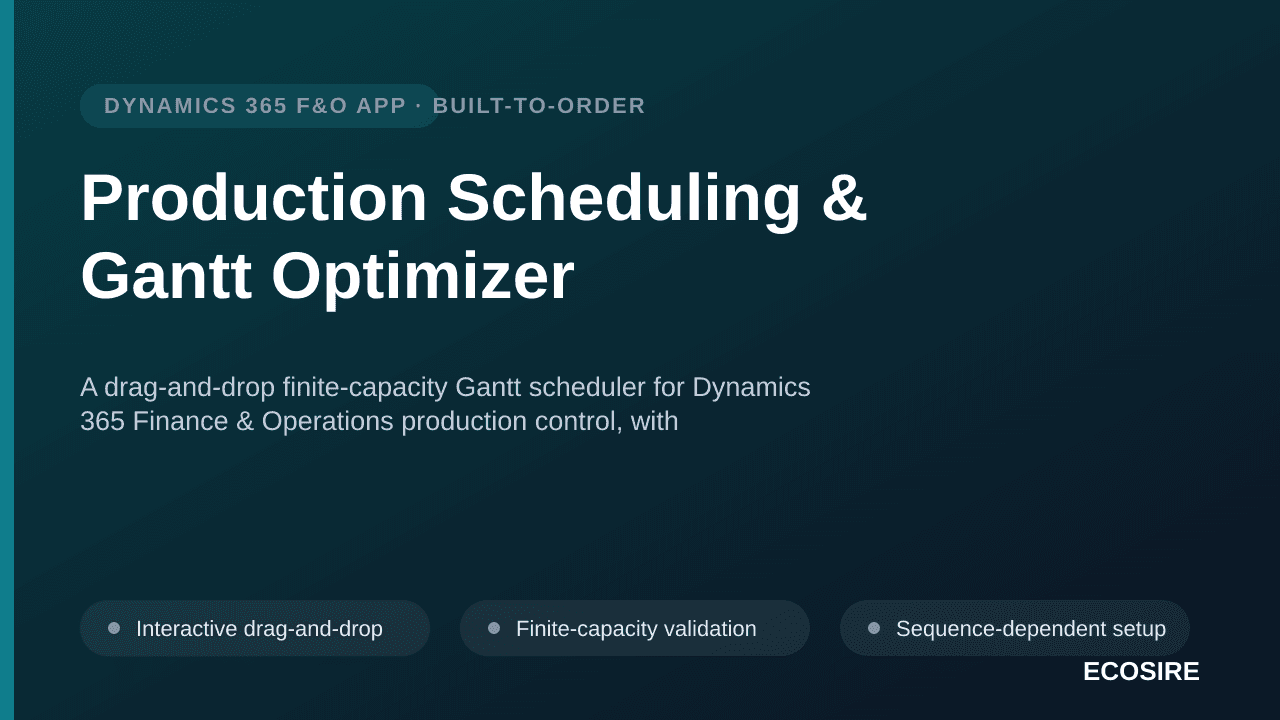 Production Scheduling & Gantt Optimizer — A drag-and-drop finite-capacity Gantt scheduler for Dynamics 365 Finance & Operations production control, with sequence-dependent setup optimization and what-if plan comparison