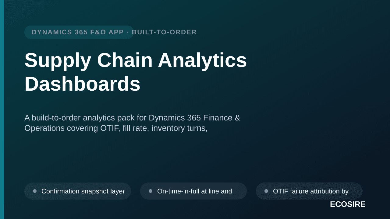 Supply Chain Analytics Dashboards — A build-to-order analytics pack for Dynamics 365 Finance & Operations covering OTIF, fill rate, inventory turns, backorders and supplier performance over your real transactional data
