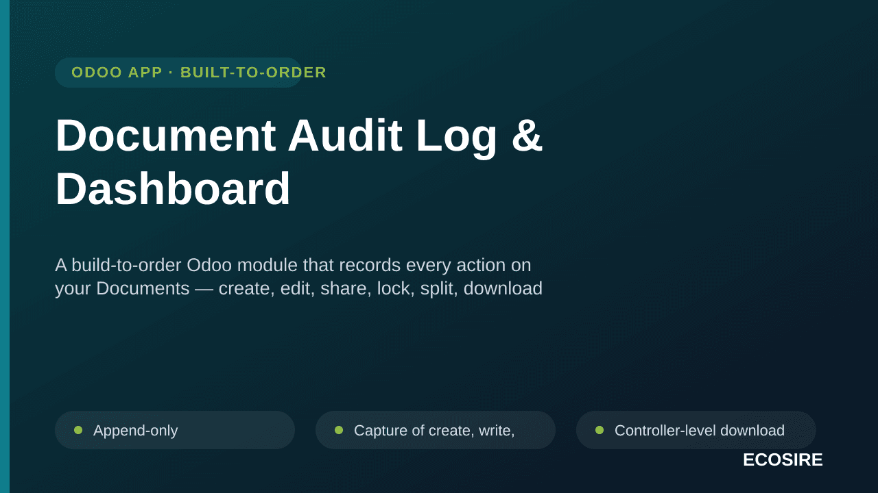 Document Audit Log & Dashboard — A build-to-order Odoo module that records every action on your Documents — create, edit, sha — Image 1 of 3