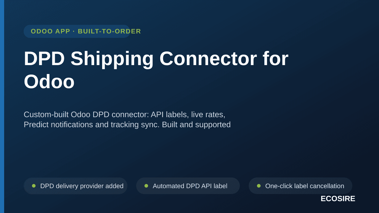 DPD Shipping Connector for Odoo — Custom-built Odoo DPD connector: API labels, live rates, Predict notifications and tracking — Image 1 of 3
