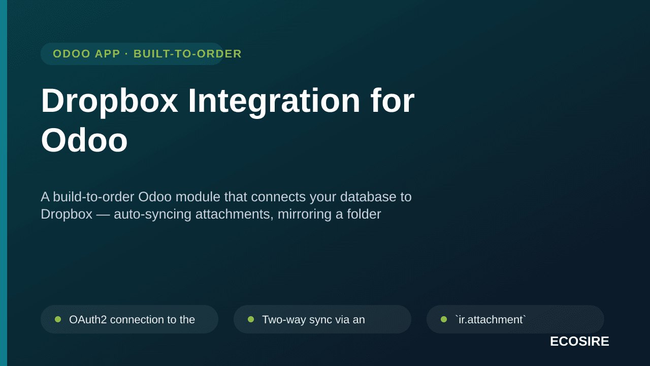 Dropbox Integration for Odoo — A build-to-order Odoo module that connects your database to Dropbox — auto-syncing attachments — Image 1 of 3