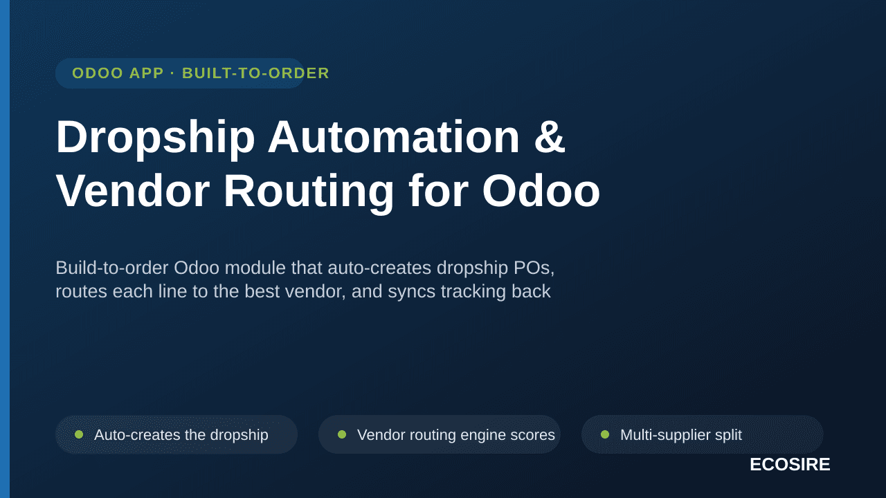 Dropship Automation & Vendor Routing for Odoo — Build-to-order Odoo module that auto-creates dropship POs, routes each line t — Image 1 of 3