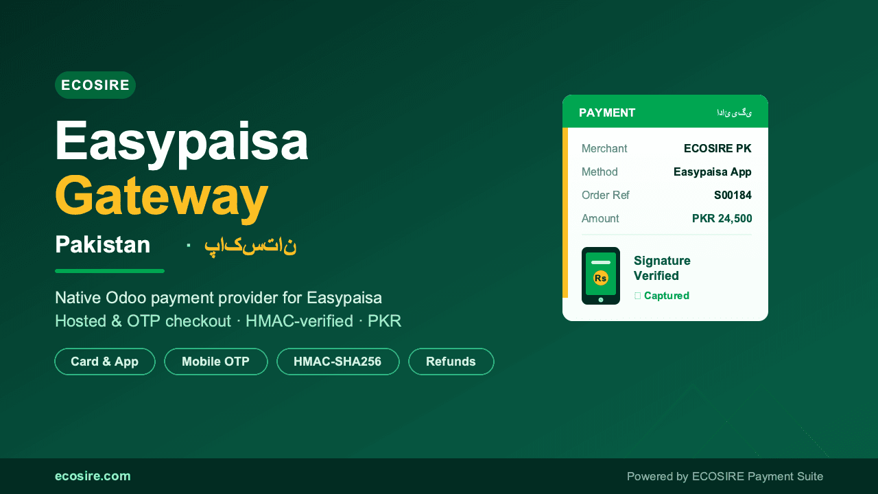 ECOSIRE Payment | Easypaisa (Pakistan) — Accept Easypaisa payments in Odoo — mobile-account OTP, card and QR via the Telenor  — Image 1 of 1