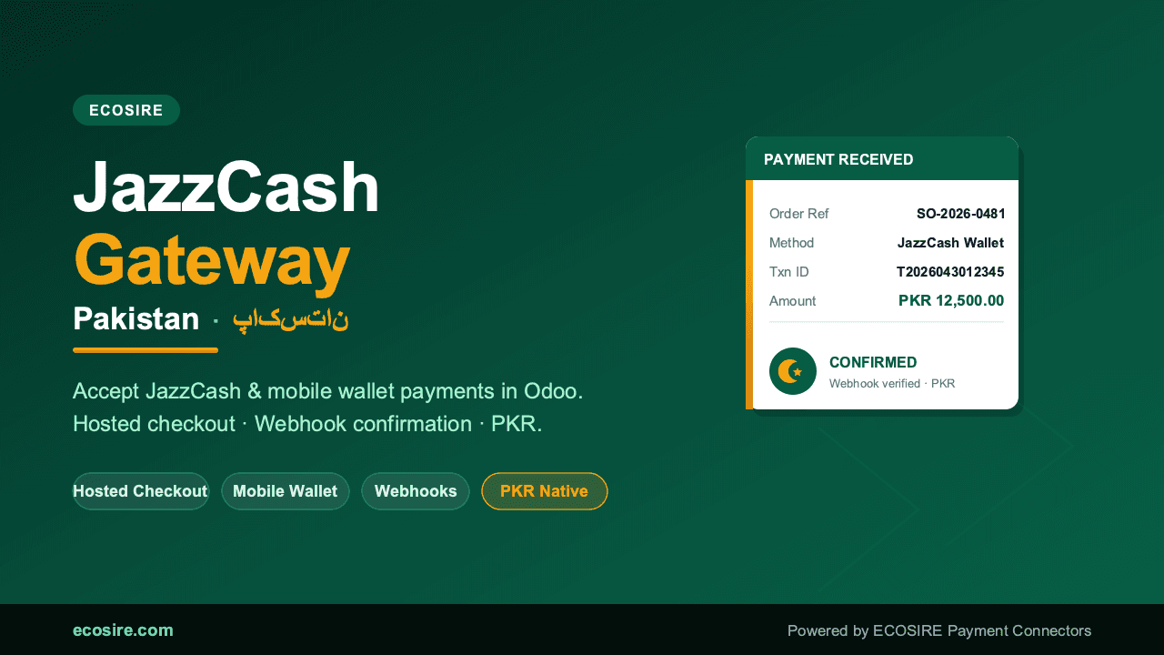 ECOSIRE Payment | JazzCash (Pakistan) — Accept JazzCash payments in Odoo — hosted checkout, mobile wallet, card, OTC — Image 1 of 1